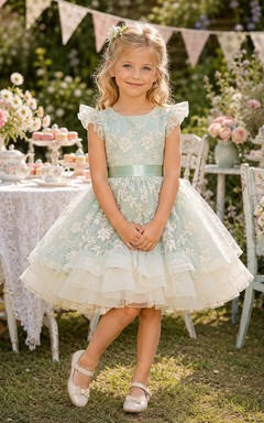 Mint Flower Girl Dress Vintage Knee-Length Ball Gown Floral Lace Tiered Organza Bow