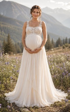 Vestido de novia premamá con escote cuadrado, tirantes de encaje, corte imperio y falda de tul.