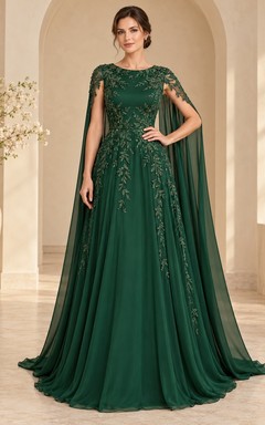 Dark Green Jewel Neck Embroidered Cape Back A Line Evening Dress