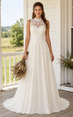 Modest High Neck Sleeveless Lace Tulle A-Line Illusion Back Country Gown