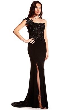 Sheath One-Shoulder Sleeveless Long Split-Front Jersey Prom Dress With Zipper Back And Appliques