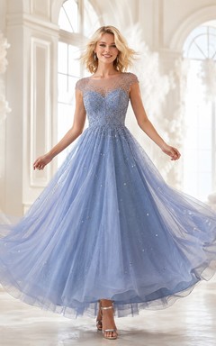 Vestido de cóctel de fiesta de corte A, largo midi, de tul azul cielo con hombros descubiertos y detalles de cuentas.