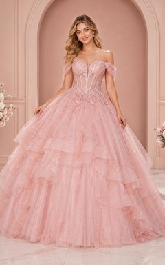 Blush Pink Sequined Tulle Off-Shoulder Tiered Ball Gown Quinceanera Dress