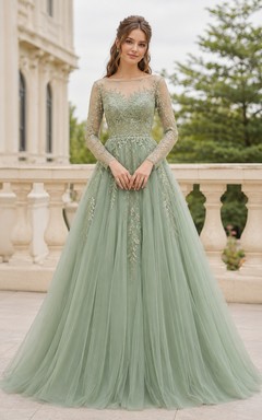 Sage Tulle Lace High-Neck Long-Sleeve A-Line Floor-Length Bridesmaid Dress