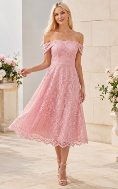 Blush Lace Off-the-shoulder Sleeveless A-Line Tea-length Cocktail Dress