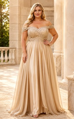 Elegante vestido de talla grande color champán con escote Bardot, mangas cortas y encaje de gasa, corte en A.