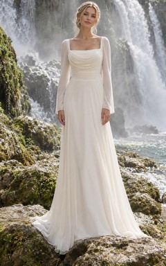 Vestido de novia sencillo de corte A con escote cuadrado, manga larga, corpiño drapeado de gasa