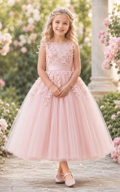 Flower Girl Dress Blush Lace Tulle A-Line Jewel Neck Tea Length