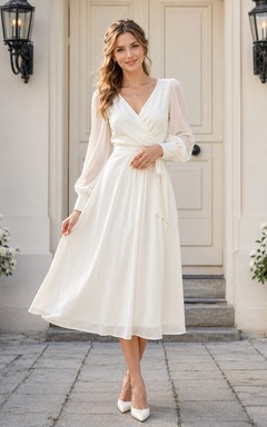 Romantic Civil Chiffon A Line Wrap V Neck Long Poet Sleeve Tea Wedding Dress