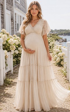 Vestido de playa de gasa color crema con escote en V, mangas con volantes y mangas acampanadas, estilo A, para embarazadas.