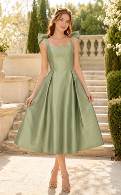 Sage Square Neck Taffeta Bow Midi Dress