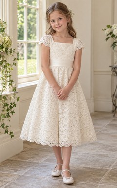 Square Neck Boho Tea-length Ivory Cap Sleeve Scalloped Lace Flower Girl Dress