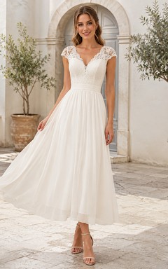 Romantic Civil Tulle A Line V Neck Cap Lace Sleeve Tea Wedding Dress