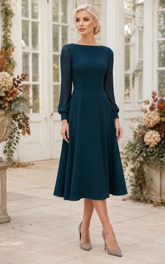Peacock Bateau Long Sleeve Satin A-Line Tea-Length Wedding Guest Dress