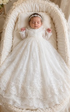High Neck Christening Gown A-Line Lace Tulle Long Sleeve Full Skirt