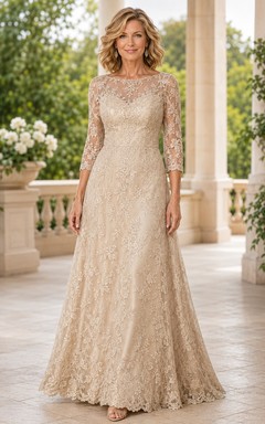 MOB Dress Champagne Lace Sequin A-Line 3/4 Sleeve Bateau Neck Floor Length Beaded