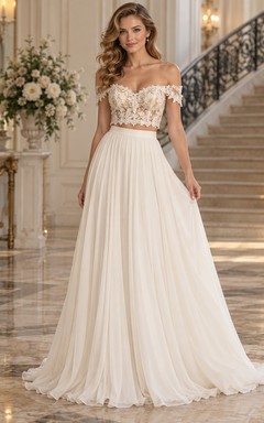 Two Piece Off Shoulder Floral Crop Pleated Chiffon Wedding Dress