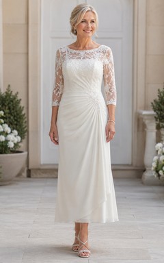 Ankle Length Sheath Older Brides Wedding Dress with Lace Sleeves and Draping