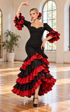 Robe de danse flamenco noire et rouge à décolleté cœur et manches cloche asymétrique