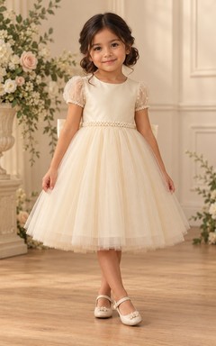 Champagne Pearl Puff Sleeve Bow Knee Tulle Flower Girl Dress