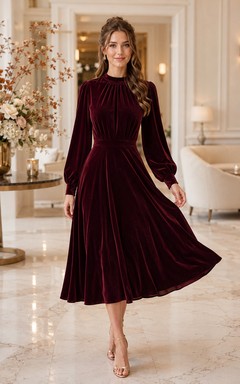 Burgundy High Neck Long Puff Sleeve Velvet A-Line Midi Guest Dress