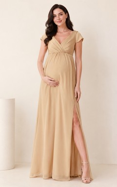 Champagne Maternity Chiffon V-neck Petal Sleeve Empire Waist Split Floor-length Guest Dress