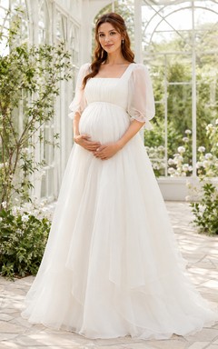 Maternity Wedding Dress Square Neck Puff Sleeve Simple Garden Bridal Gown with Train