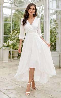 Elegant Civil Chiffon A Line Wrap V Neck High Low Wedding Dress