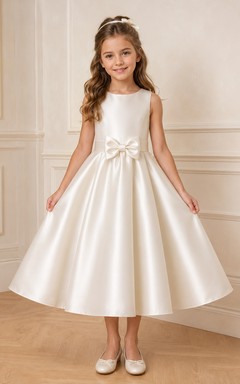 Robe de demoiselle d'honneur mi-longue en satin ivoire avec nœud