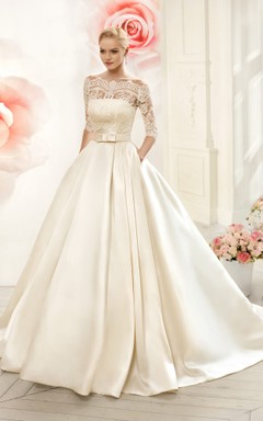 Ballkleid, bodenlang, schulterfrei, halbärmelig, Illusion-Satinkleid mit Spitze