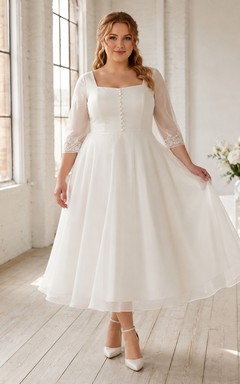 Preisgünstiges Chiffon-Brautkleid in Übergröße mit eckigem Ausschnitt, Dreiviertelärmeln, A-Linien-Schnitt und Teelänge