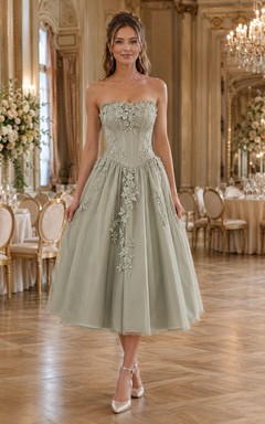 Sage Green Strapless Floral Lace Corset Tulle Tea Length Reception Wedding Dress