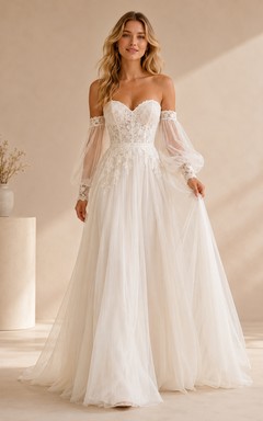 Off Shoulder Detachable Sleeve Modern Studio Bridal Gown