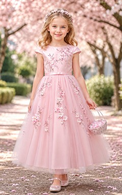 Zartrosa Kirschblüten-Blumenmädchenkleid mit kurzen Ärmeln, Tüll-A-Linien-Rock, floraler Stickerei und knielangem Rock