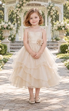 Tea-length Ivory A-line Organza Sleeveless Illusion-Neck Flower-waist Layered Flower Girl Dress