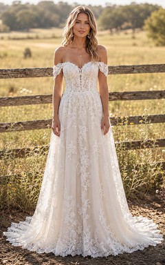 Off-the-Shoulder A-Line Lace Country Wedding Dress with Corset Back and Train