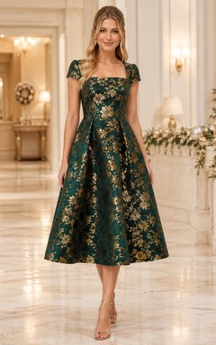 Dark Green Square Neck Gold Jacquard Cap Sleeve Tea Guest Dress