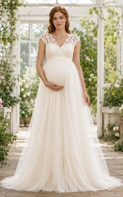 Robe de mariée de maternité à col en V et manches courtes en dentelle et tulle, robe de mariée champêtre