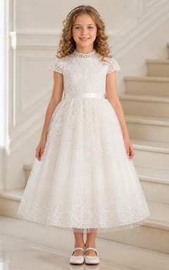 Modest Tea-length A-Line High Neck Short Sleeve Lace Flowergirl Dress