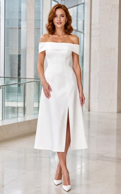 Modern Satin Off-Shoulder Short-Sleeve Split-Front A-Line Tea-Length Civil Wedding Dress