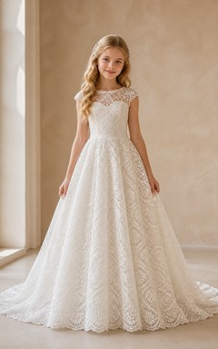 Princess A-Line Scoop Sleeveless Floral Lace Chapel Train Flowergirl Dress