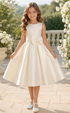 Blumenmädchenkleid aus elfenbeinfarbenem Satin, A-Linie, Rundhalsausschnitt, Teelänge, Schleife am Rücken