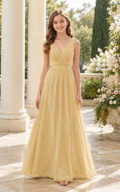 Goldenes Brautjungfernkleid für junge Damen, A-Linie, V-Ausschnitt, ärmellos, gerafft, elegant