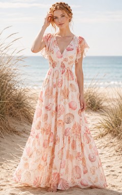 Peach Seashell Print V Neck Flutter Sleeve Maxi Dress