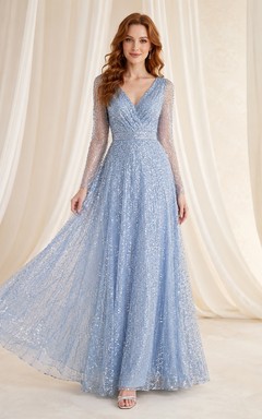 Steel Blue Sequin V-neck Long Sleeve A-Line Floor-length Formal Evening Dress