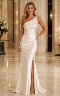 Soft Neutral Satin One Shoulder Slit Mermaid Evening Gown