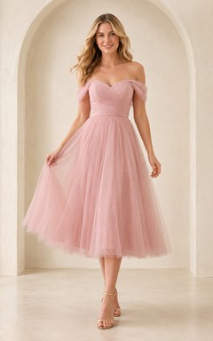 Petal Waltz Blush A-Line Tea-Length Off-Shoulder Short-Sleeve Tulle Romantic Cocktail Dress