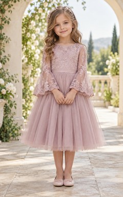 Tea-length Mauve Jewel Neck Bell Sleeve Lace Bodice Tulle Flower Girl Dress