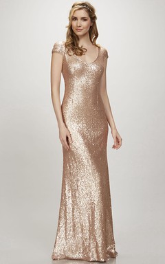 Robe de demoiselle d'honneur maxi à manches courtes et col en V, ornée de sequins