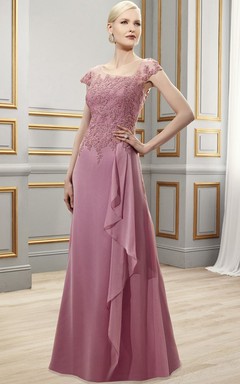 Abendkleid aus Satin-Chiffon mit kurzen Ärmeln, bodenlangem, drapiertem eckigem Ausschnitt und Applikationen